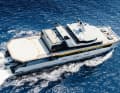 Space miracle: the helicopter can land safely on the upper aft deck of the almost 16-metre-wide aluminium catamaran. Its XL garage is located behind the mast