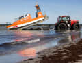 The "Beachen": The "Knut Olaf Kolbe" is slipped into the Baltic Sea using a special tilting trailer