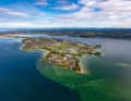The island of Reichenau from the air. Easy to recognise: the extensive shallow water zones.