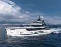 The striking bow conceals a hull designed by Van Oossanen. The bridge roof projects far forward and the glass bulwark is tinted.