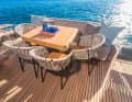 A seating area awaits aft
