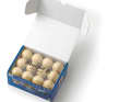 Since 2007: Balls with a water-soluble cover and fish food core from Albus in Barcelona.  Long hitters feel a loss of distance.