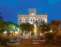The illuminated town hall of Ciutadella on the "Plaça des Born", the main square of the "little town" on the west coast of Menorca