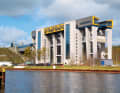 The new Niederfinow boat lift during the construction phase in 2020. Here it has just successfully completed its first test trough journey