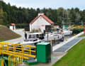 Pleasure craft in the modern new Guzianka lock in the south-west of the lake district