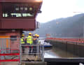 The first ship is sluiced down towards the Rhine after the lock closure in Müden.