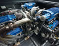 662 SCI COMP: With the blue paintwork, the aluminium belt pulleys and the polished stainless steel manifolds, the three Mercury Racing engines turn the engine compartment into a work of art. Thanks to the large cover, the mechanic can easily reach even the furthest corner