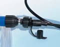 The Lindemann hand pump is largely made of plastic, but the coupling points to the hoses are made of metal.