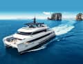 Cruising platform: The 36-metre cat can travel 6,200 nautical miles at eleven knots in eco mode. The bulwarks of the main and upper decks are joined at the bow and stern. This gives the hulls a bulky appearance and the superstructure a more graceful look.