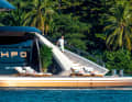 The bathing platform of the floating home can be reached via two curved steps.