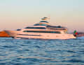 The 49.90 metre long "Alamshar" was launched in 2014 and can reach a top speed of 67 knots thanks to its gas turbine drive. The yacht is for sale via the broker YPI.
