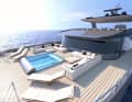 The 116 square metre bow area of the VisionF 100 with a seating area and the optional pool