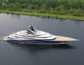 A bird's eye view shows the many open spaces with fire pits and pool aft on the owner's deck