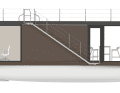 The houseboat is powered by an outboard motor.