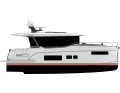 Side view of the Sirena 48 Hybrid yacht. The aerodynamic profile of the yacht is clearly recognisable