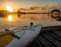 Sunset in the harbour of Andrejosta, which also invites you to linger with its beautiful terrace restaurants.