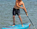During turns, the leg on the paddle side is used more.