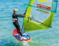 To luff, move the sail backwards past the body, with the boom end pointing down towards the water.
