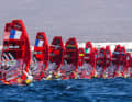 A field of iQFoilers on the starting line - exciting races are possible at the 2024 Olympics