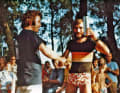 Two big throws - Ernstfried Prade receives the championship trophy for his DM victory in 1973 from Calle Schmidt (left), who brought the first two windsurfers to Germany in 1972.
