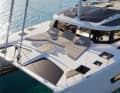 A comfortable lounge is set up in front of the deckhouse.