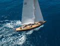 The drone perspective makes the classic-looking hull shape particularly clear