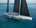 "Kaze": The hull of the 60-metre ketch is simple, the superstructure with sun deck flat. Two six-metre tenders parked in a side garage