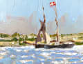 Hinnerk Bodendieck captured his impressions with a paintbrush on a cruise through the Danish South Sea: On the beach at Drejø, the view is to the south. A stiff breeze propels the large Marstal schooner under jib and schooner sail, and the boat sails swiftly between the islands