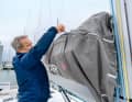 The boom is attached very low on the mast, so handling the lazy bags is effortless