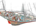 Detailliert von Hand gezeichnet: Sir Francis Chichesters „Gipsy Moth IV“, mit der er 1966/67 einhand in Rekordzeit um die Welt segelte