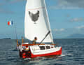 Quenet e il suo fedele compagno "Baluchon" durante la prima circumnavigazione. Il suo marchio di fabbrica è il pollo.