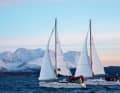 Traumtag im Fjord von Lyngen: Zwei Yachten unserer Flotille segeln vor dem Bergpanorama der Insel Vorterøya.