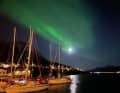 A starry night with solar activity brings auroras to Hamnnes harbour. Apps help with the forecast.