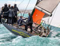 With gennaker and staysail. The rocket reaches planing speed in winds of less than 13 knots.