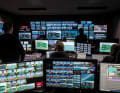 All data and live images come together in the London broadcasting centre. .