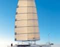 Der Flügel von Beneteau ist geteilt und die Profiltiefe einstellbar. Gesetzt wird der Wing an einem unverstagten Mast.
