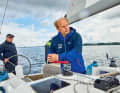 The trimmer works at a good height on the companionway.