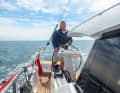 Moody DS 41: The helmsman must stand to have a clear view in the direction of travel. When seated, however, he can still see through the glazed cabin superstructure to a limited extent