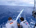 Hier zerren Robert Stanjek and Seb Simon den Spinnaker aus dem Wasser