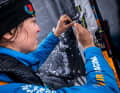 Justine Mettraux sews another reinforcement on the luff