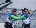 Martine Grael e la sua headailer 49erFX Kahena Kunze alla regata di prova olimpica 2019 a Enoshima