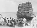 Passengers on a transatlantic liner take an interested look at the four-masted barque "Peking".