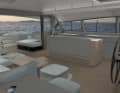 If desired, the galley can be moved into the hull, reducing the number of cabins to four