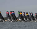 Départ du 49erFX au large de Vilamoura : à l'avant de la photo, Sophie Steinlein et Jill Paland avec le numéro de voile 772. Elles ont terminé 21e aux championnats d'Europe.