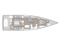 Il layout standard: zona equipaggio con letti a castello a poppa, cucina sulla paratia principale, enorme cabina di prua.