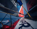Yoann Richomme's "Paprec Arkéa" leads the fleet at the halfway point of leg five on course for Boka Bay.