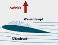 At high speed, the negative pressure on the upper side increases so much that water vaporises there. Bursting bubbles and a braking wake vortex are formed