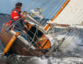Autumn on the Flensburg Fjord. Owner David Friedrich routinely at the tiller of his "Timpe Te".