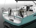 Folding seats for the helmsman are available as an option. The life raft is stored aft in a separate compartment