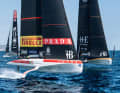 Die Teams aus Frankreich (Orient Express Racing Team), Italien (Luna Rossa Prada Pirelli) und Großbritannien (Ineos Britannia) beim Training in spanischen Gewässern
